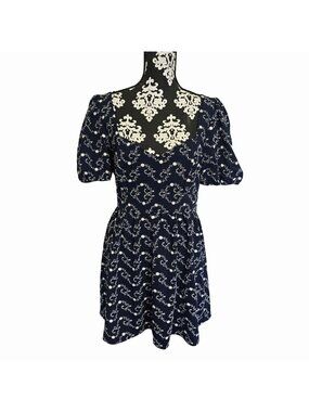 Audrey Parks XL Mini Dress Navy Floral Open Back Short Puff Sleeve Peasant